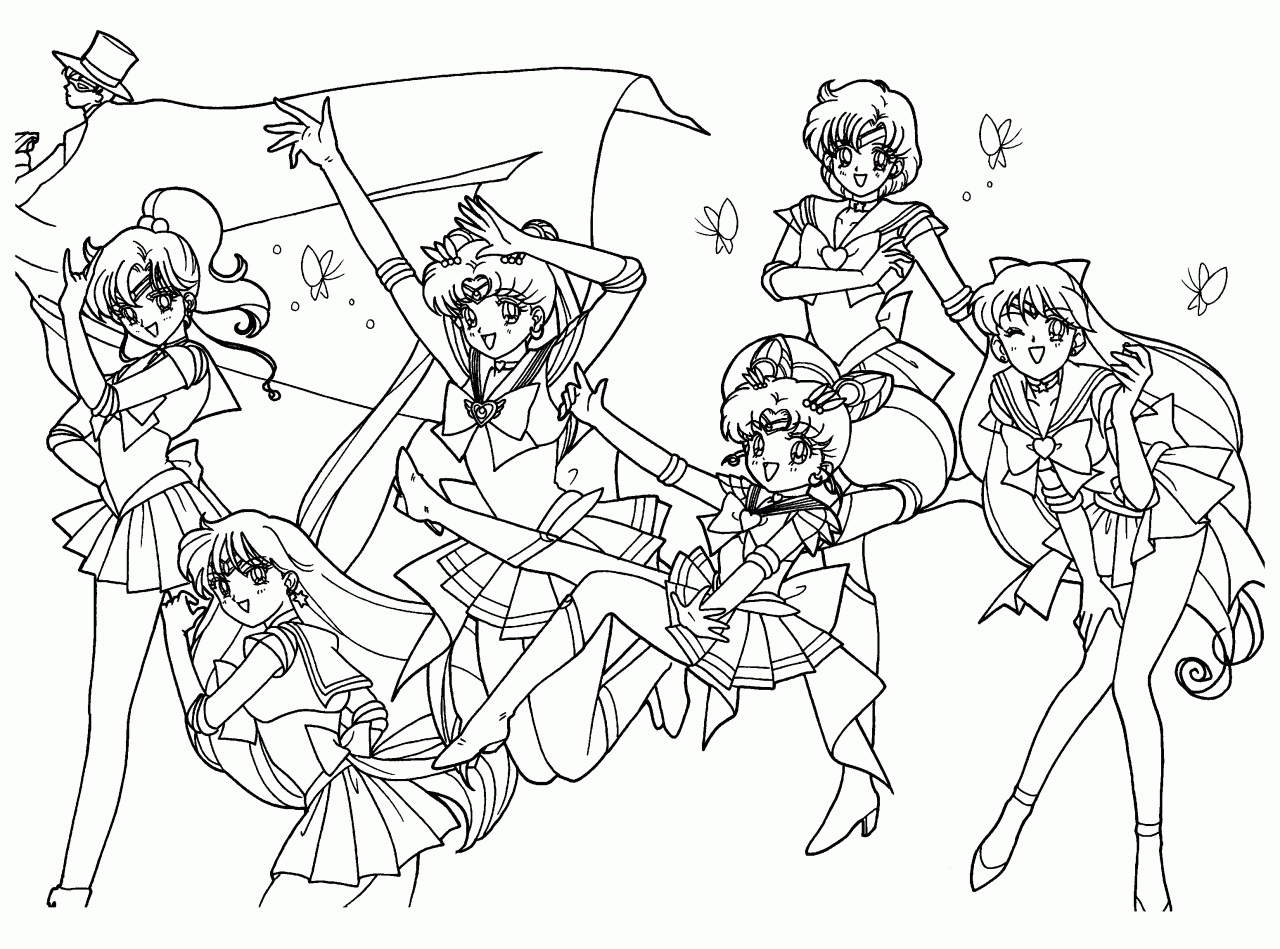 Coloriage de Sailor Moon en pleine action avec ses amis