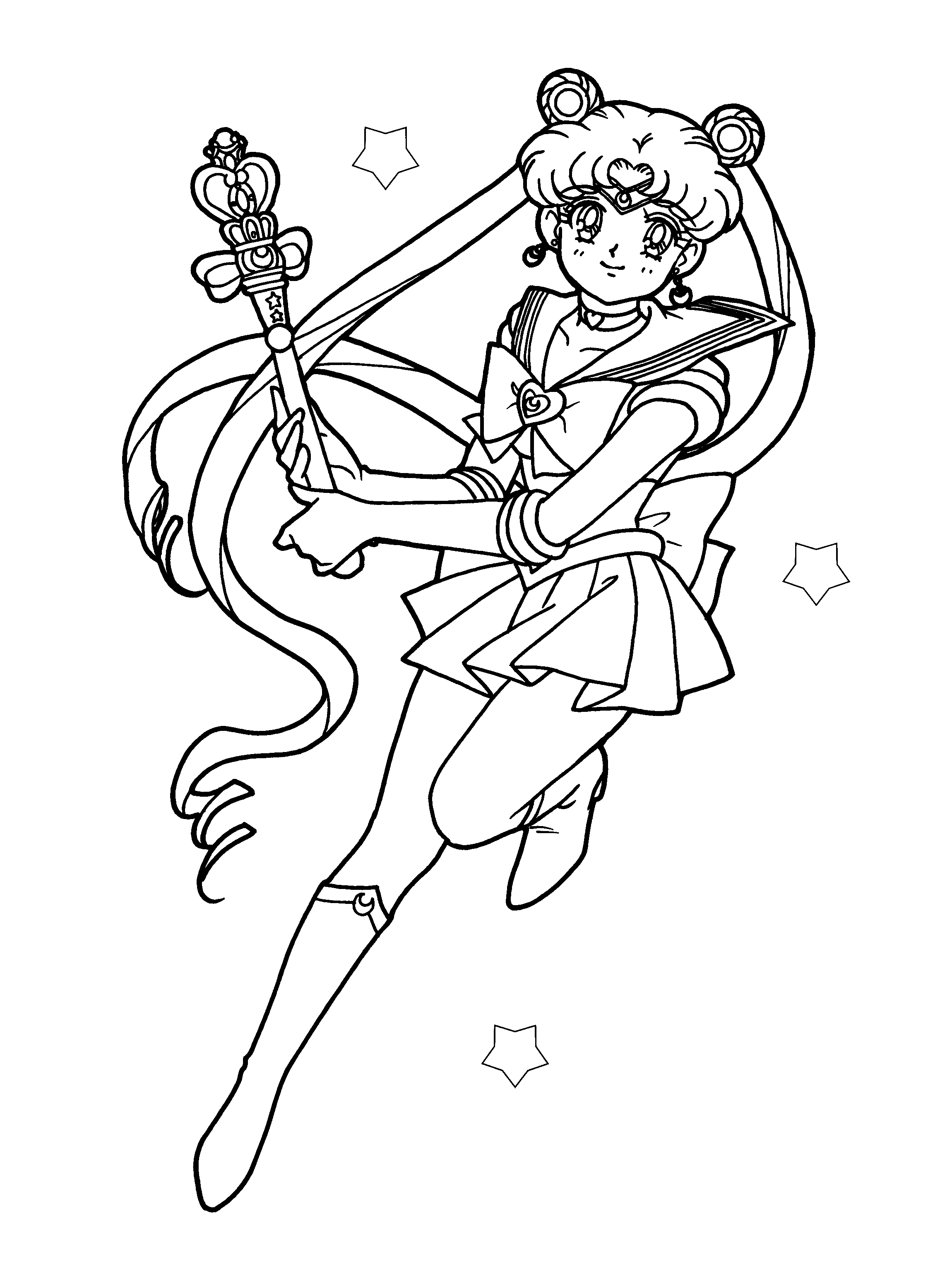 Coloriage de Sailor Moon avec ses amis dans un décor dynamique