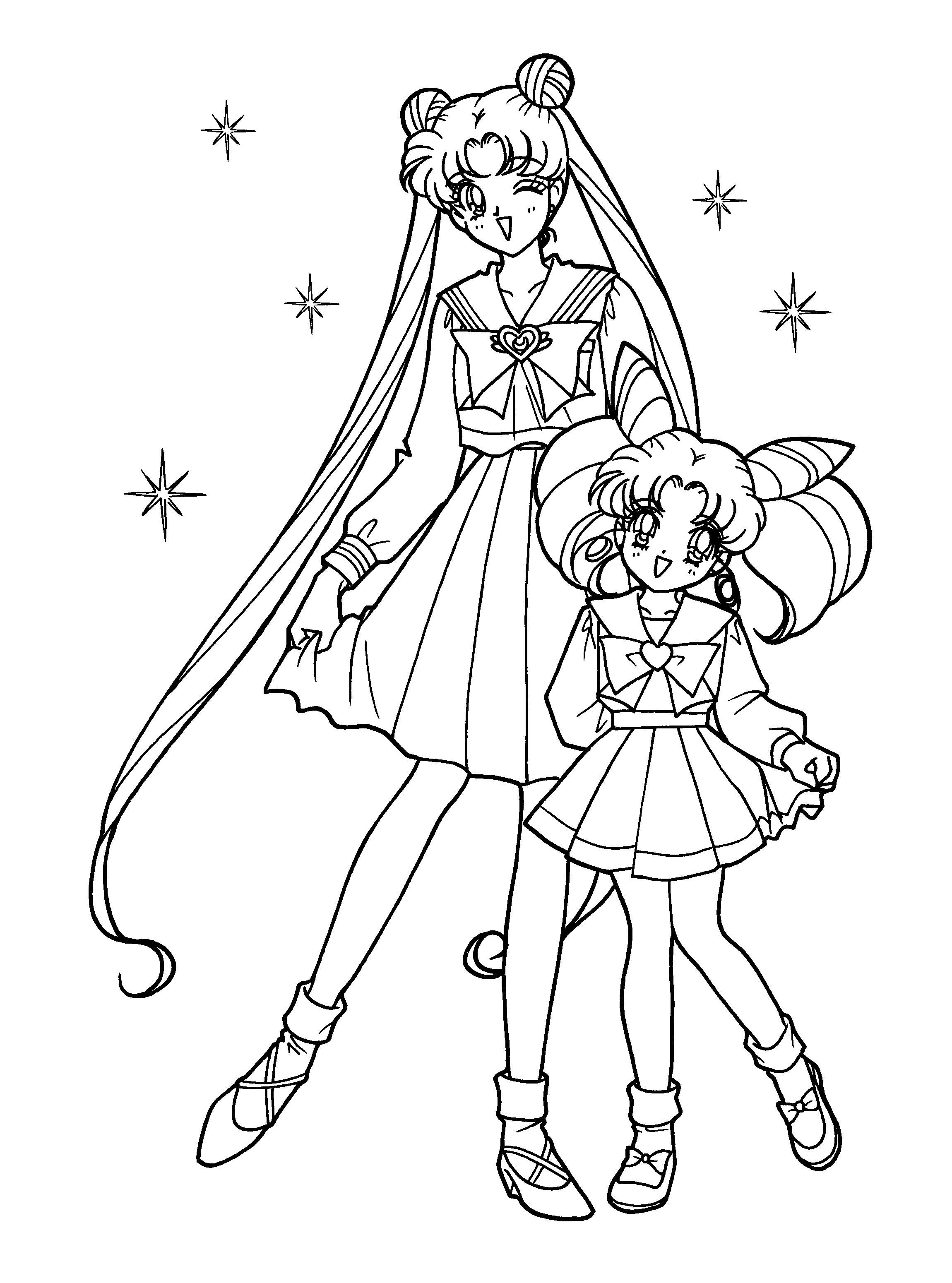 Coloriage de Sailor Moon avec ses amis dans un environnement dynamique