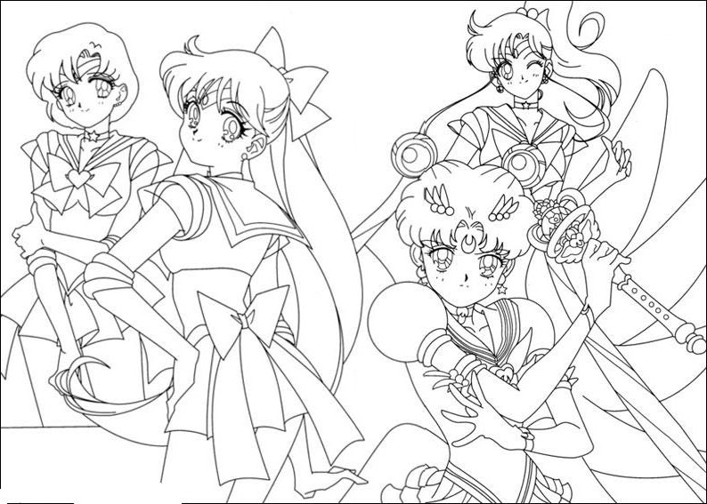 Coloriage de Sailor Moon en pleine action avec ses amis