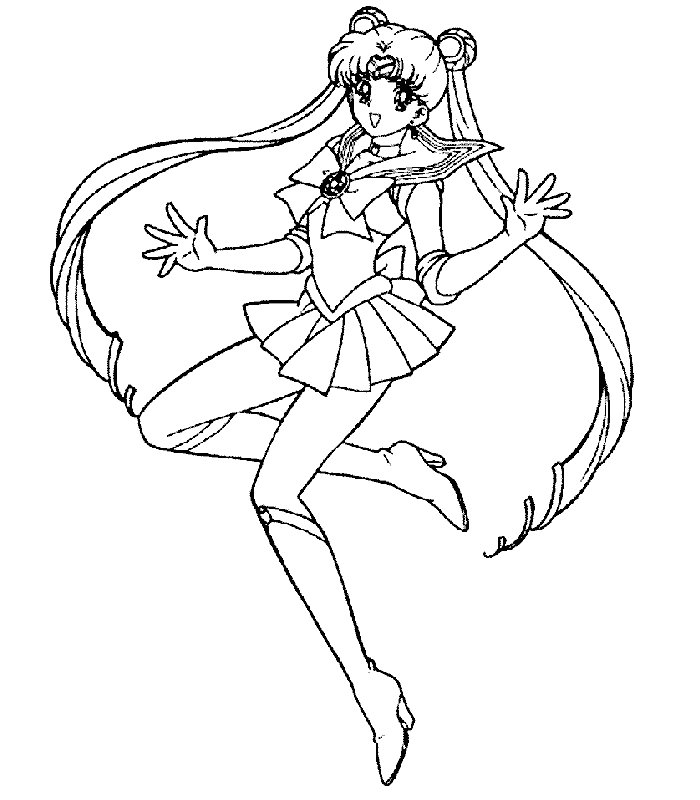 Coloriage de Sailor Moon en pleine action avec ses amis dans un décor stylisé