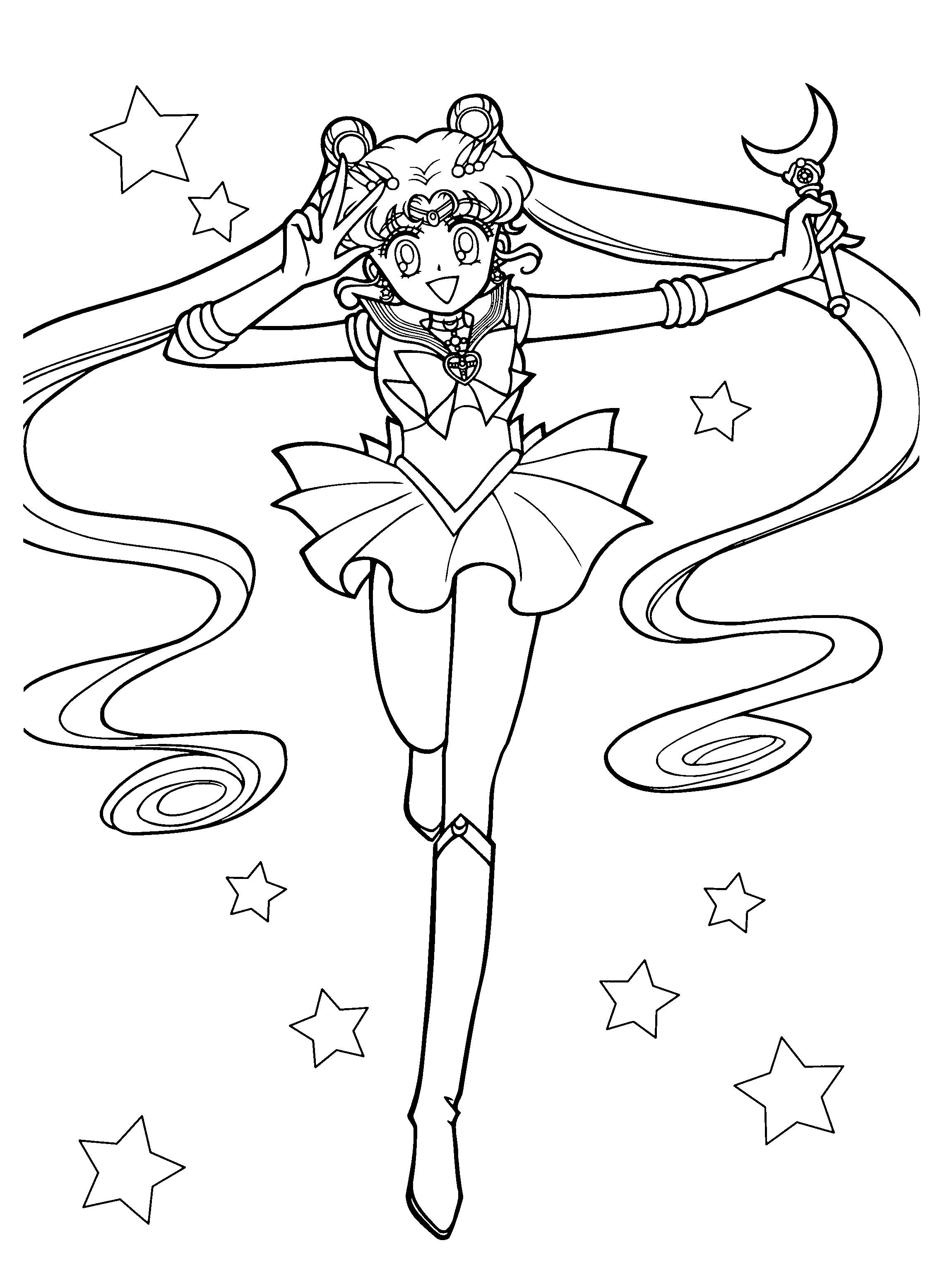 Coloriage de Sailor Moon dans une pose dynamique, entourée d'étoiles