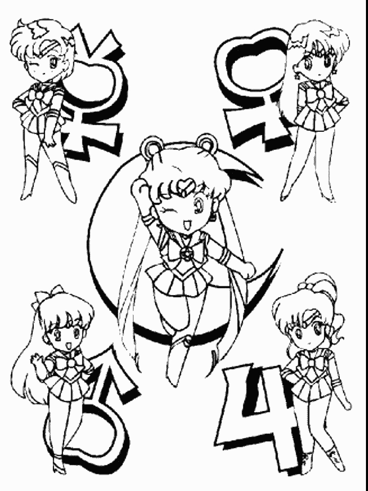 Coloriage de Sailor Moon en pleine action avec ses amis