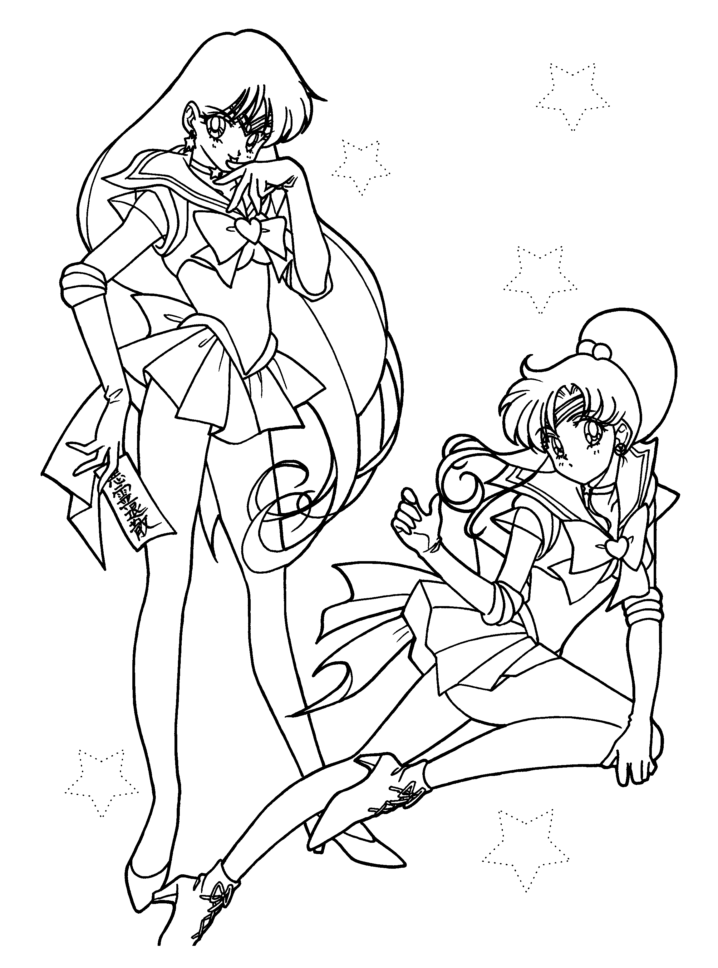 Coloriage de Sailor Moon en pleine action, entourée de ses amis