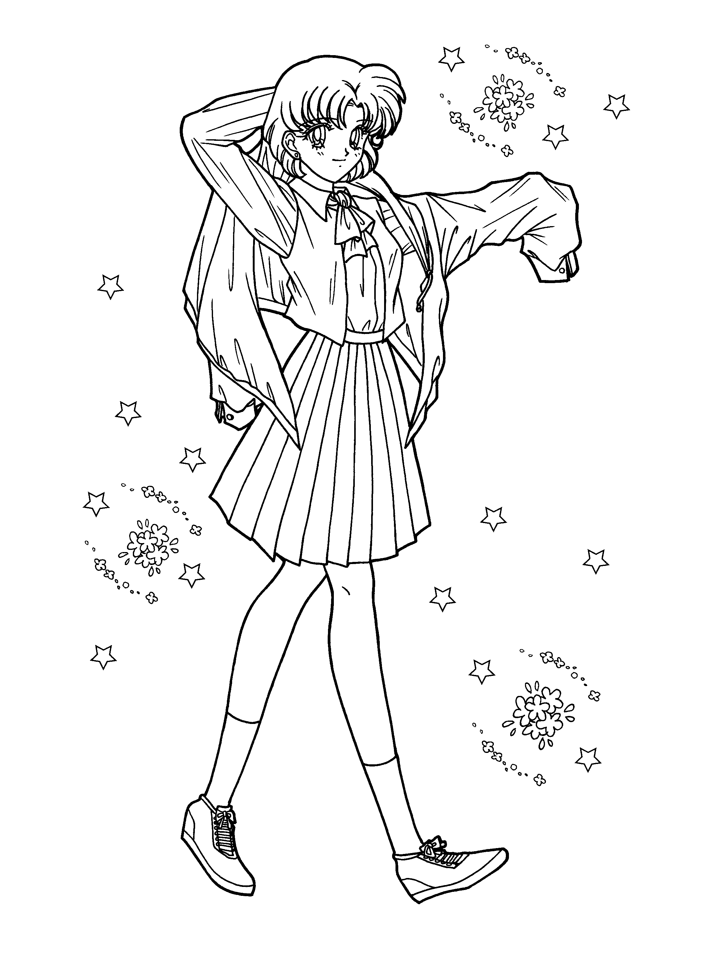 Coloriage de Sailor Moon dans une pose dynamique, entourée de détails cosmiques