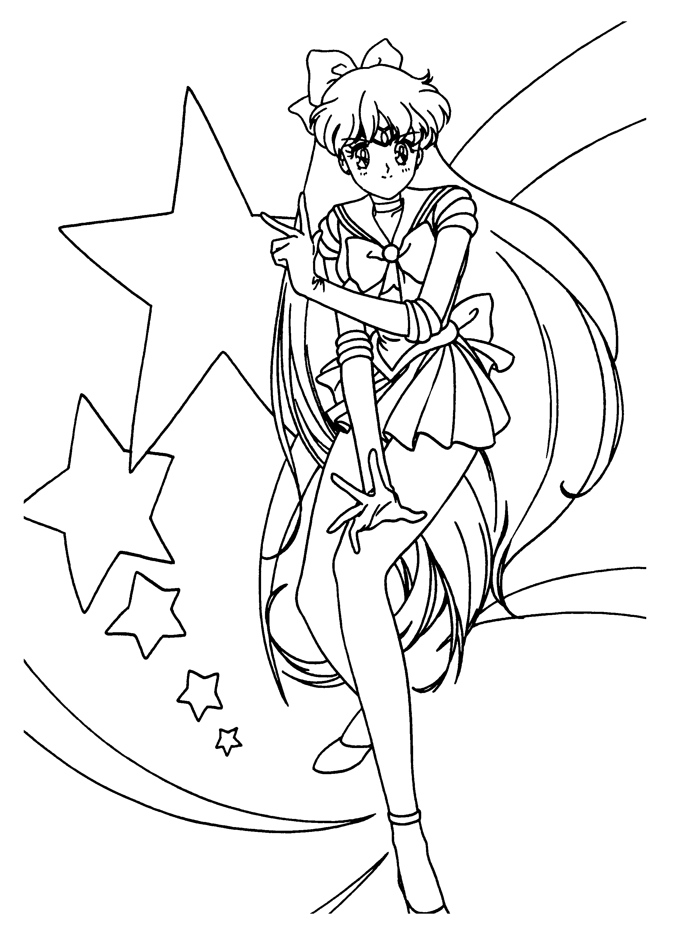 Coloriage de Sailor Moon en pleine action, entourée de ses amis