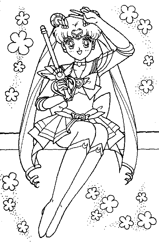 Coloriage de Sailor Moon avec ses amis dans un décor dynamique