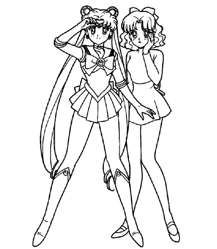 Coloriage de Sailor Moon en pleine action, entourée de ses amis