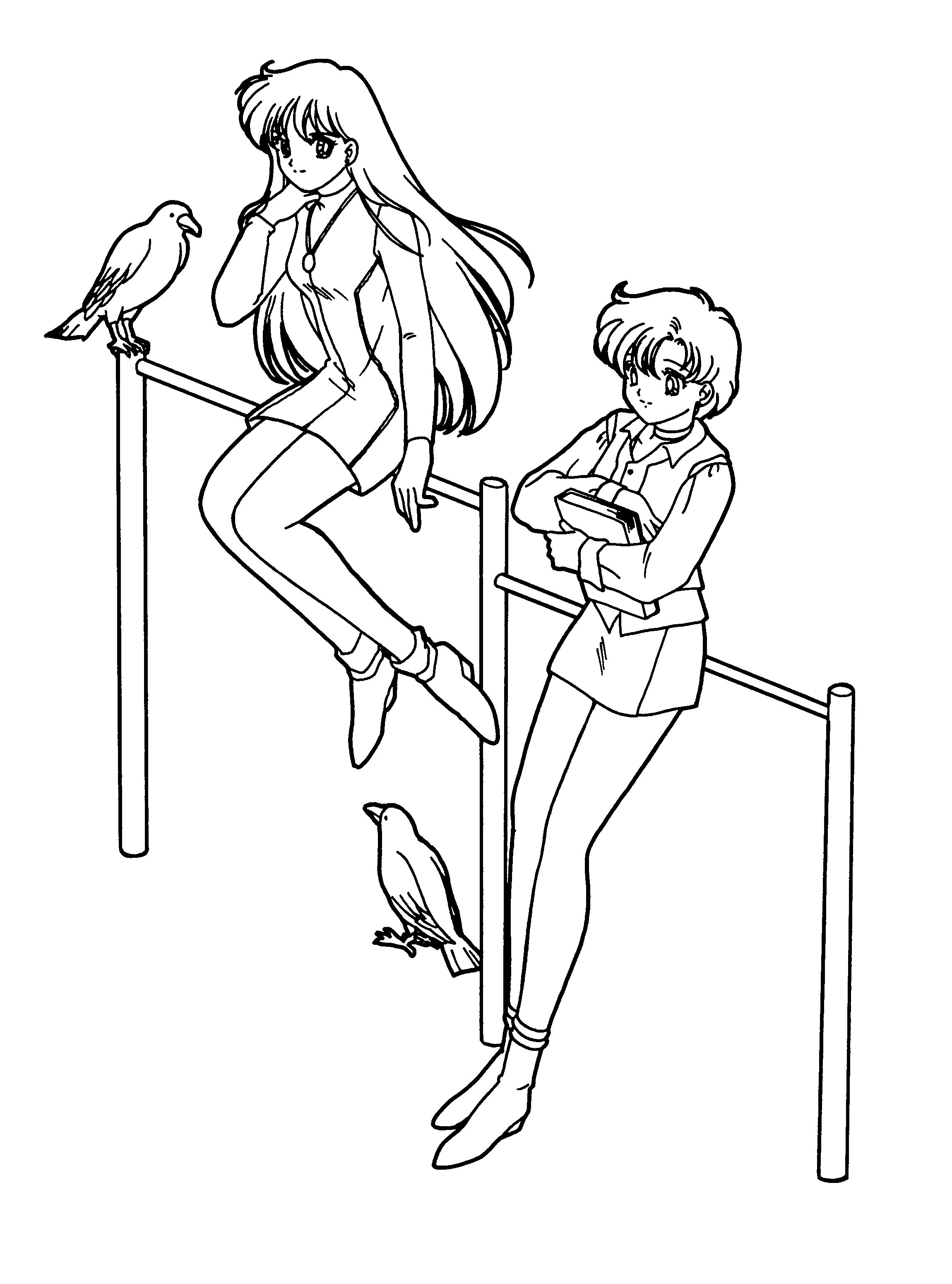 Coloriage de Sailor Moon en pleine action avec son uniforme et ses amis
