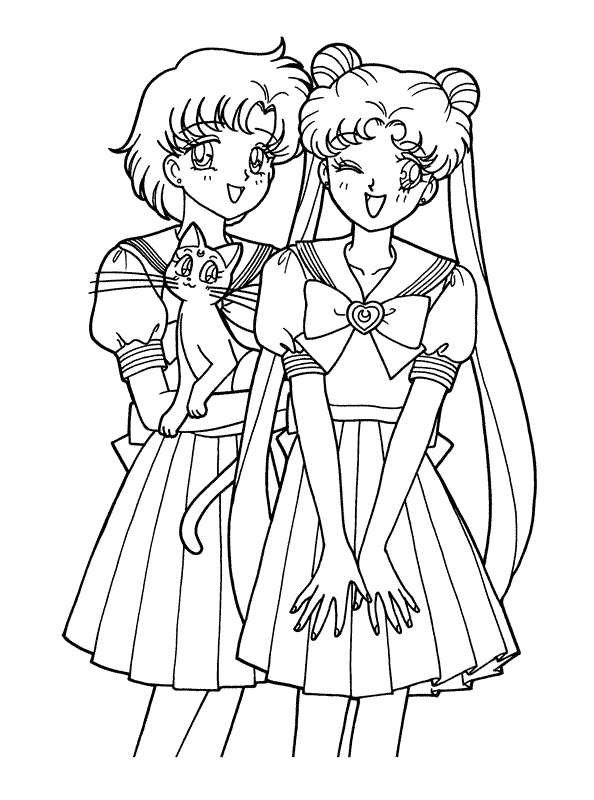 Coloriage de Sailor Moon en pleine action avec son chat Luna