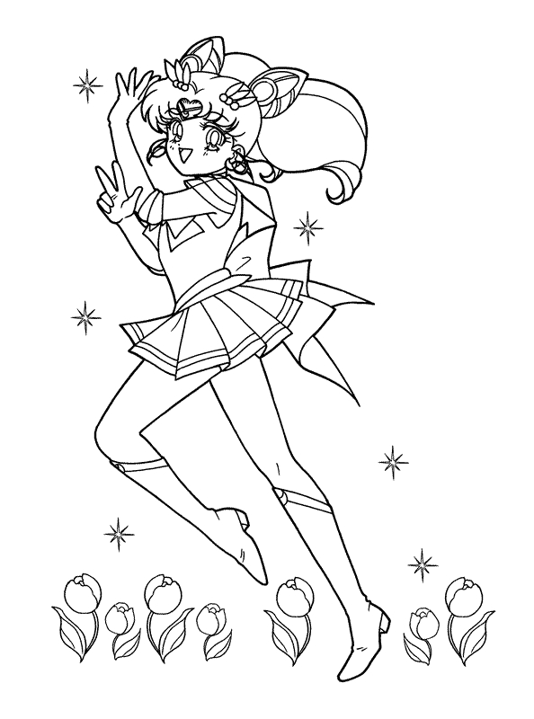 Coloriage de Sailor Moon en pleine action sur un fond étoilé