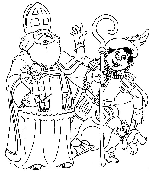 Saint Nicolas portant un grand sac de jouets dans un décor hivernal