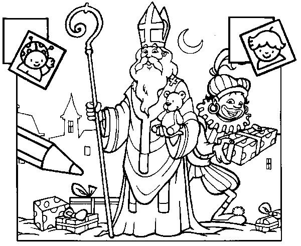 Saint Nicolas avec son manteau et son bâton dans un décor festif