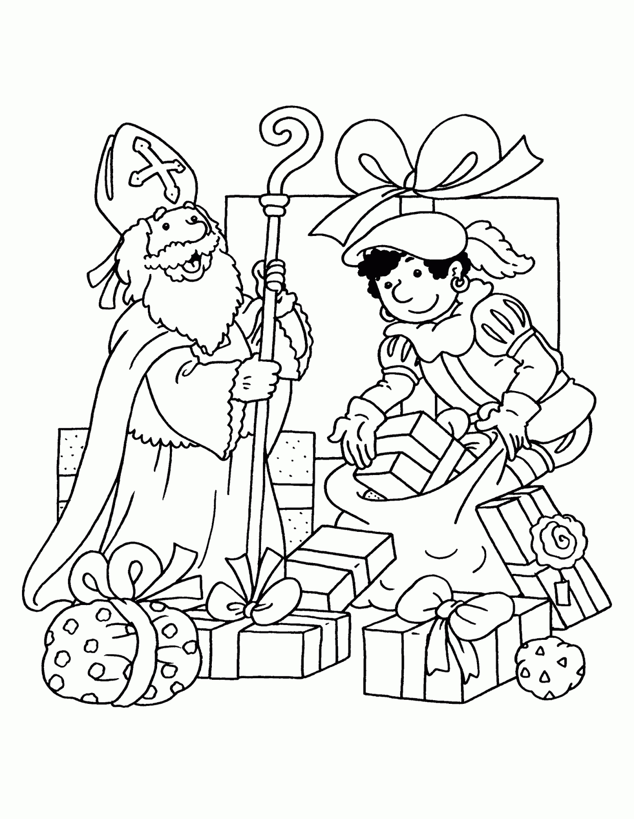 Saint Nicolas avec son manteau et sa mitre, entouré d'enfants émerveillés