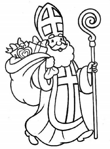 Saint Nicolas tenant un livre entouré de cadeaux et de jouets