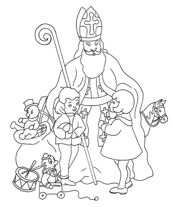Saint Nicolas avec sa grande hotte et son bâton, entouré d'enfants émerveillés