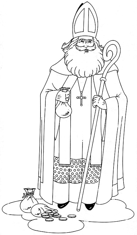 Saint Nicolas tenant un bâton de berger entouré d'enfants émerveillés