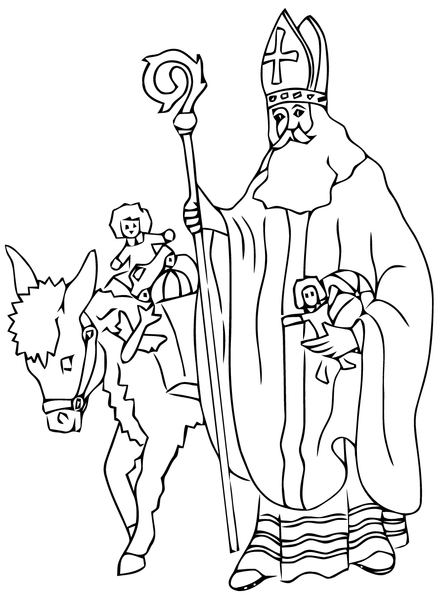 Coloriage de Saint Nicolas tenant un livre dans un décor festif