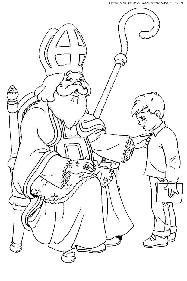 Coloriage de Saint Nicolas entouré de cadeaux et d’enfants