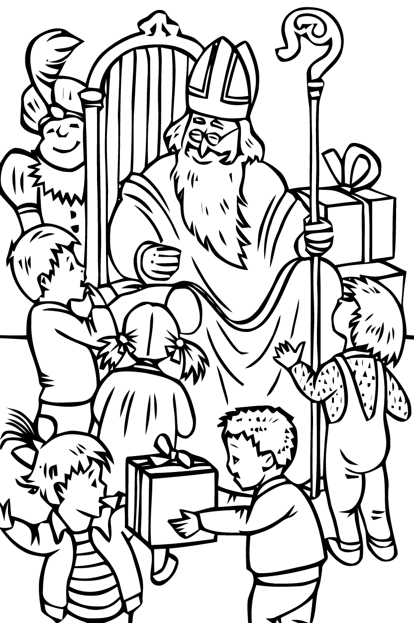 Coloriage de Saint Nicolas avec son âne au milieu des cadeaux