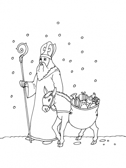 Saint Nicolas avec un enfant dans un décor festif