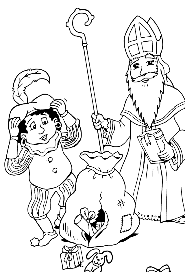 Coloriage de Saint Nicolas avec un sapin et des enfants