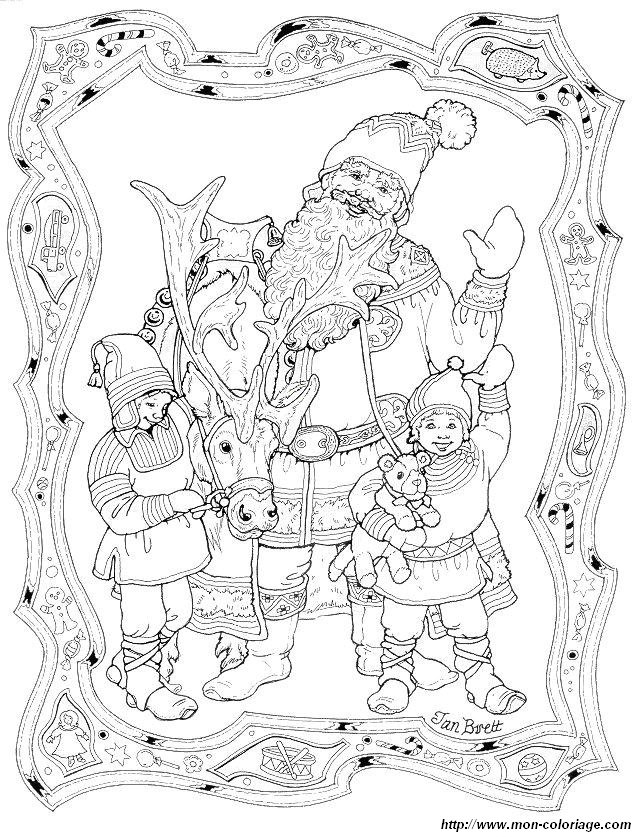 Saint Nicolas avec sa hotte entouré d'enfants et de décorations