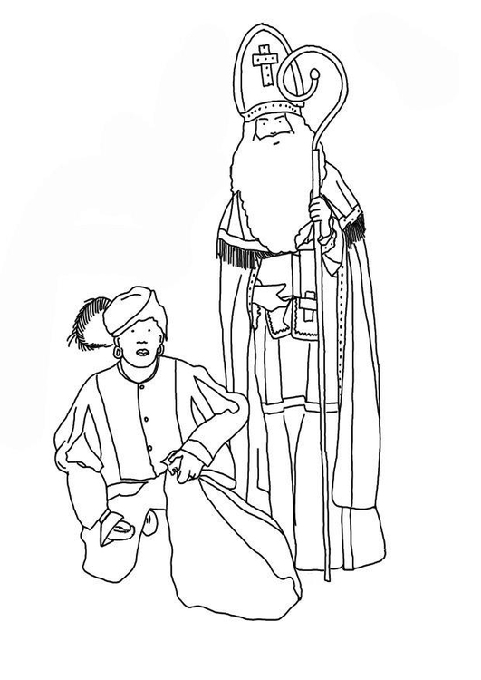 Saint Nicolas avec sa hotte de jouets devant un décor hivernal