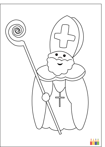 Saint Nicolas avec son manteau, sa crosse et son livre entouré d’enfants