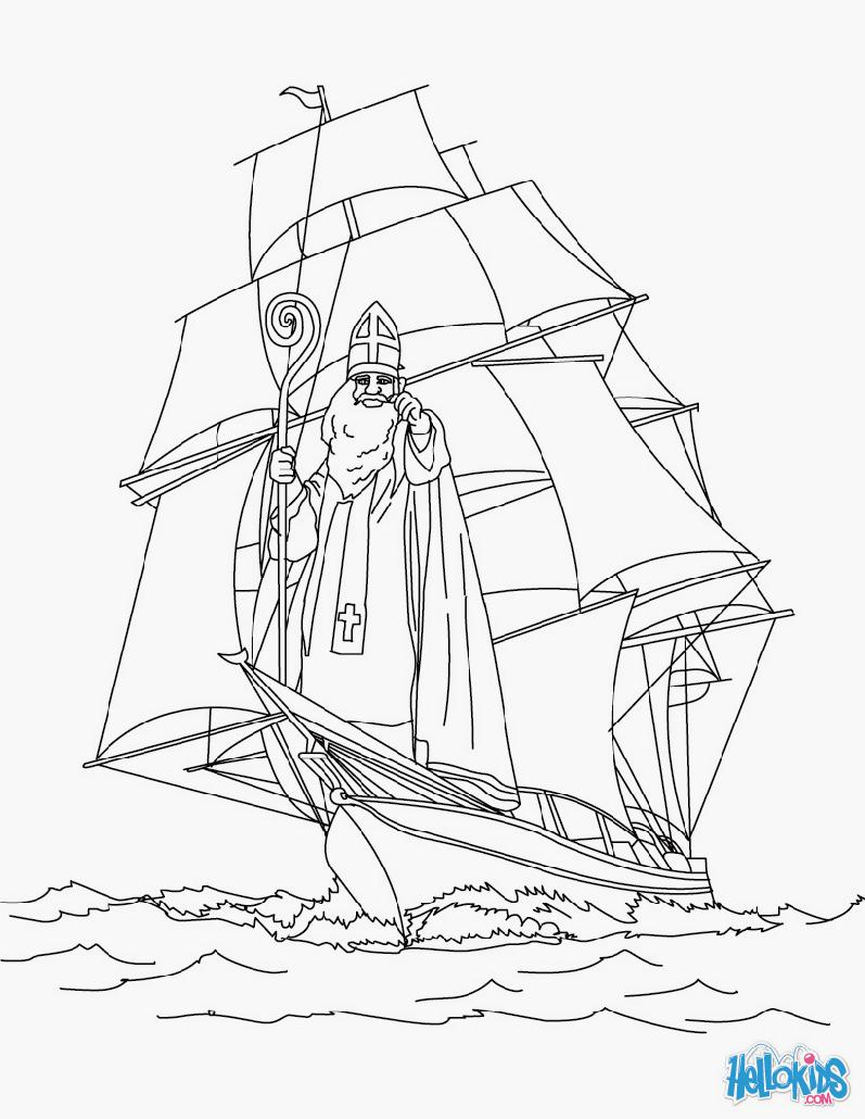 Coloriage de Saint Nicolas avec un enfant et des cadeaux