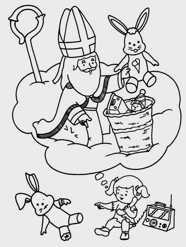 Coloriage de Saint Nicolas avec des enfants et des jouets
