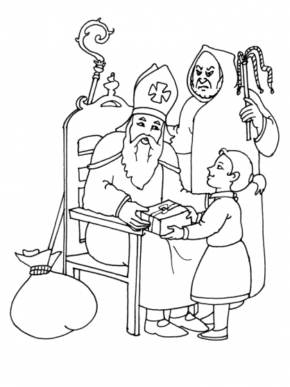 Saint Nicolas avec sa hotte devant un paysage hivernal