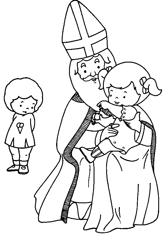 Saint Nicolas dans sa tenue traditionnelle avec des enfants émerveillés