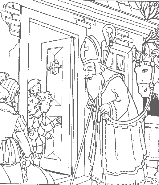 Saint Nicolas avec sa mitre et son cadeau dans un décor hivernal