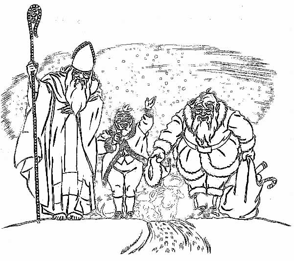 Coloriage de Saint Nicolas avec ses cadeaux et son âne dans un décor hivernal