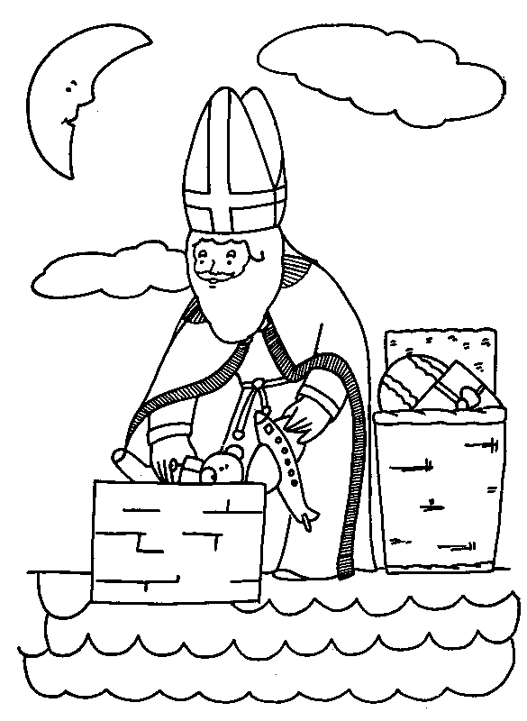 Saint Nicolas avec son manteau et sa mitre, dans un décor festif