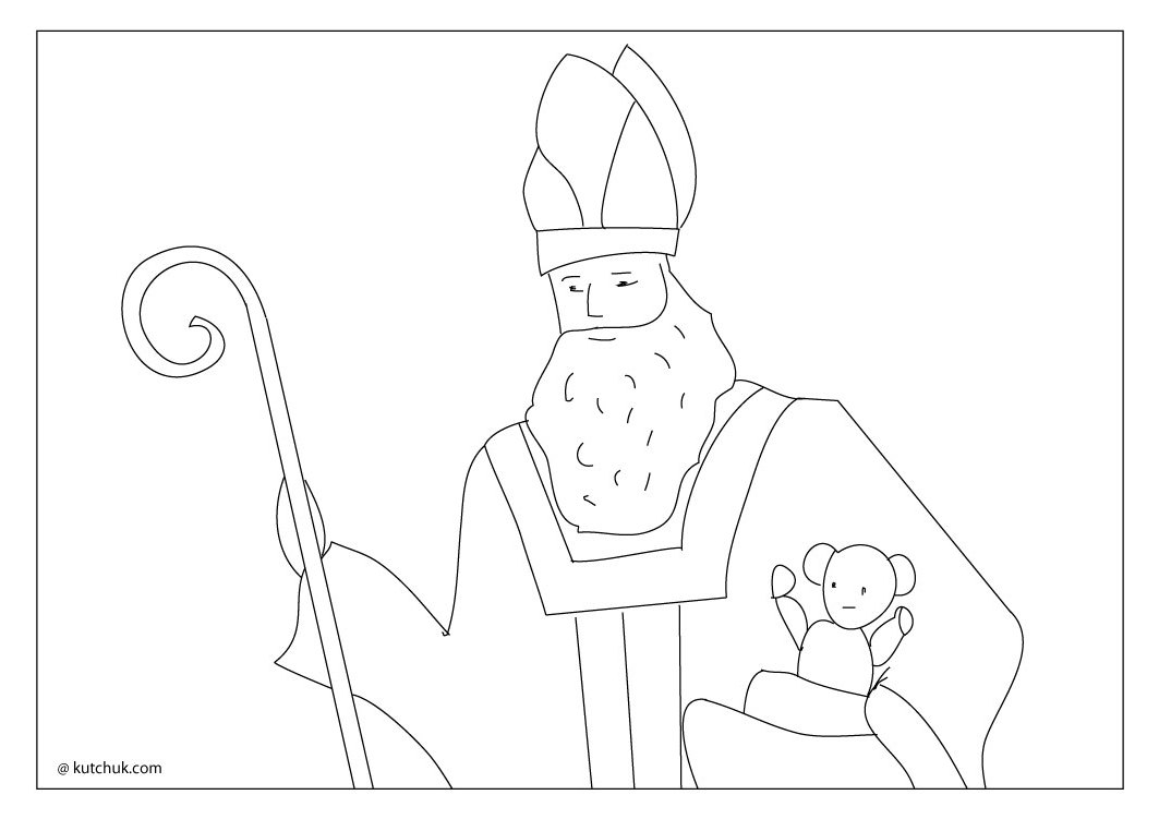 Saint Nicolas avec son manteau et sa hotte dans un paysage hivernal