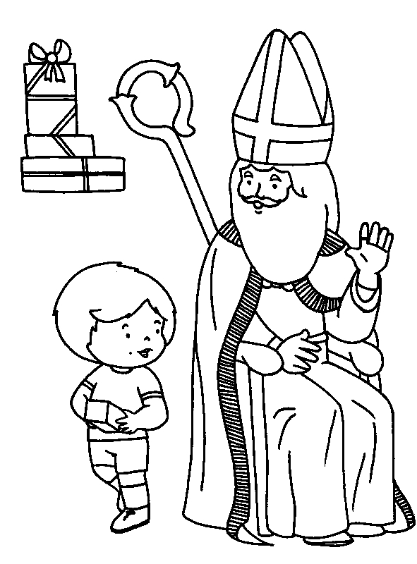 Saint Nicolas offrant des jouets aux enfants dans un paysage hivernal