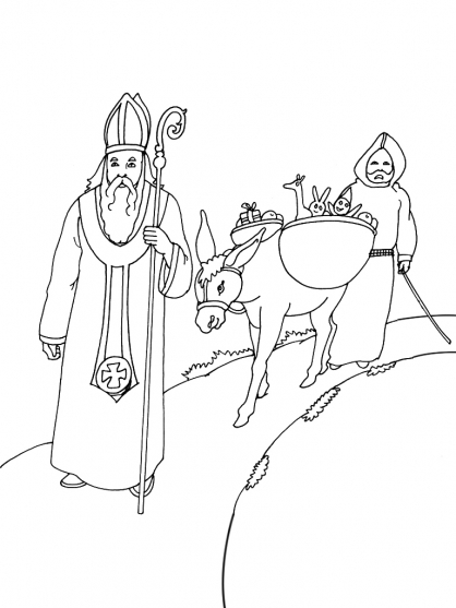 Saint Nicolas tenant un bâton pastoral entouré d'enfants émerveillés