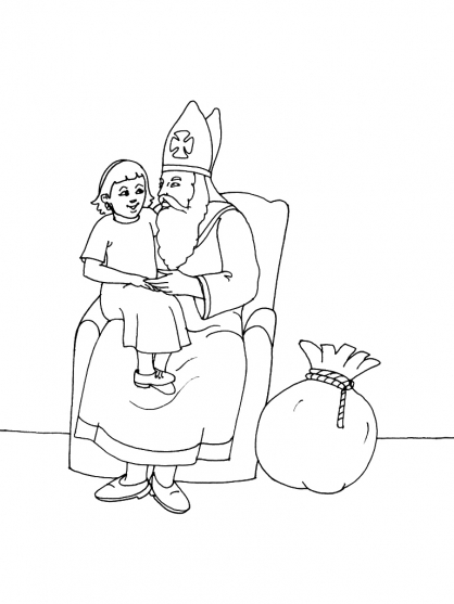 Saint Nicolas avec son manteau et sa hotte, entouré de jouets