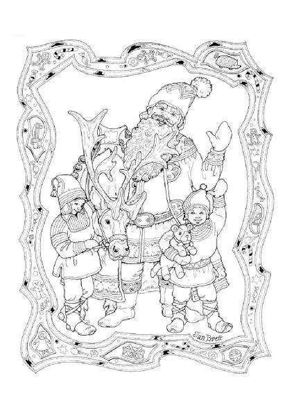 Coloriage de Saint Nicolas avec son âne dans un paysage hivernal