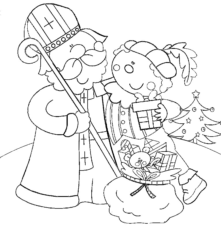 Coloriage de Saint Nicolas avec ses cadeaux et un sapin de Noël
