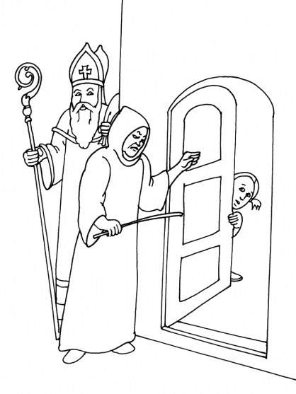 Saint Nicolas avec sa mitre et son bâton, entouré de cadeaux