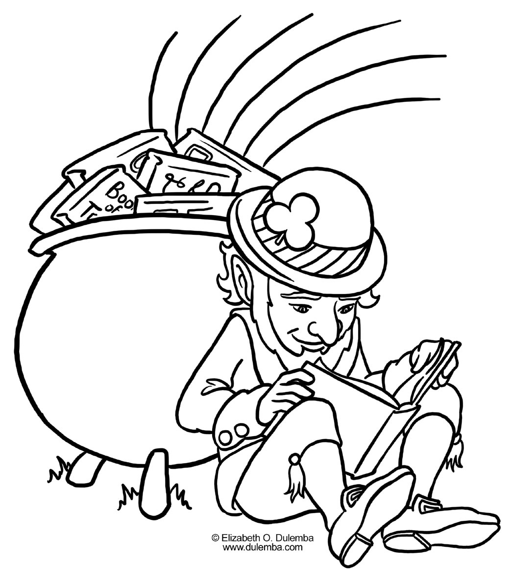 Coloriage de la Saint-Patrick avec un leprechaun joyeux et un chaudron rempli d'or