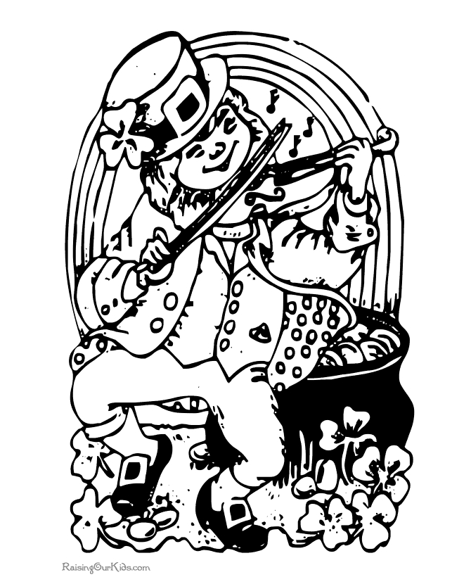 Coloriage d'une scène festive de la Saint-Patrick avec un leprechaun et un arc-en-ciel