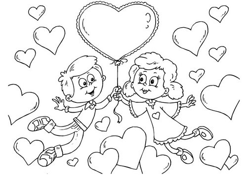 Coloriage illustrant un couple amoureux entouré de cœurs pour la Saint-Valentin