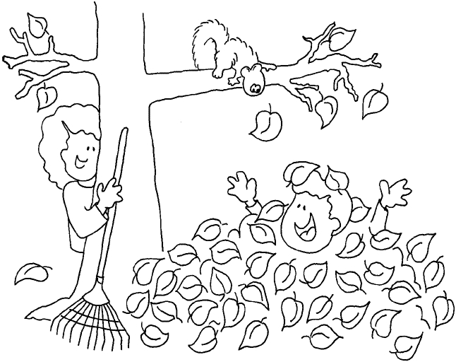 Coloriage d'une scène automnale avec des arbres et des feuilles