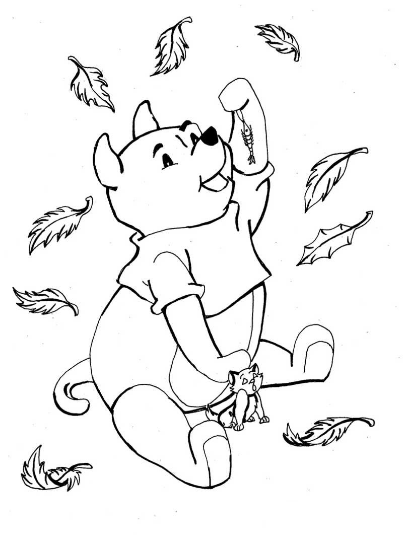 Un coloriage d'une scène automnale avec des arbres et des feuilles tombantes