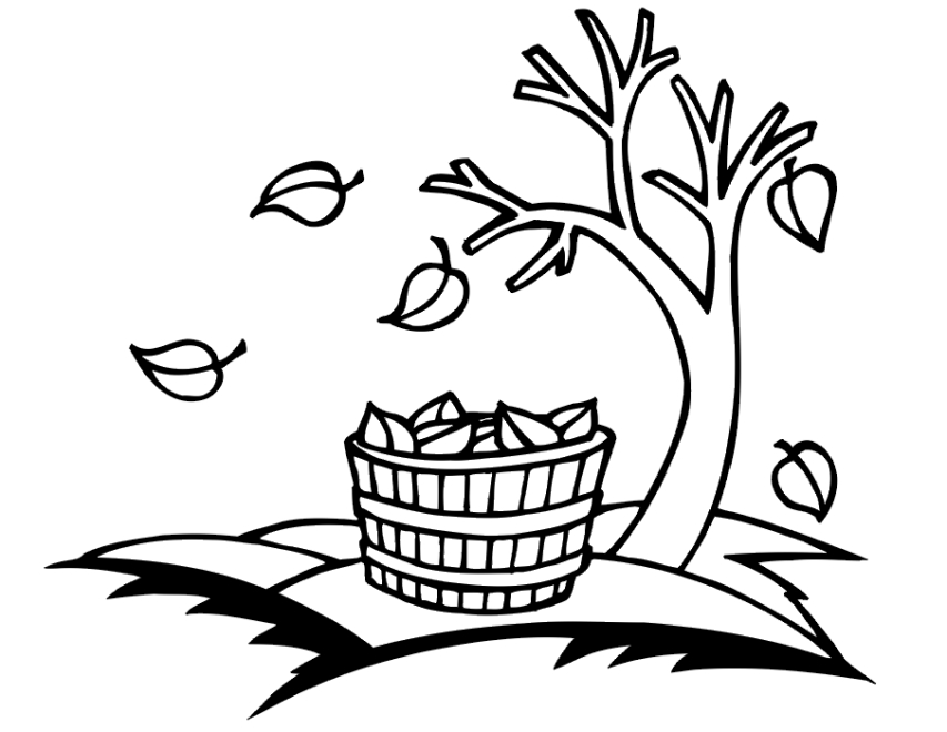 Un coloriage d'automne avec des feuilles et un paysage naturel