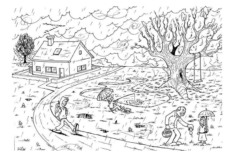 Coloriage d'un paysage d'automne avec un arbre et des feuilles tombantes